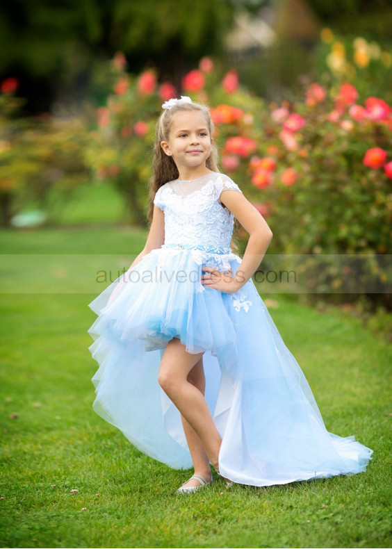 High Low Sky Blue Lace Tulle Floor Length Flower Girl Dress